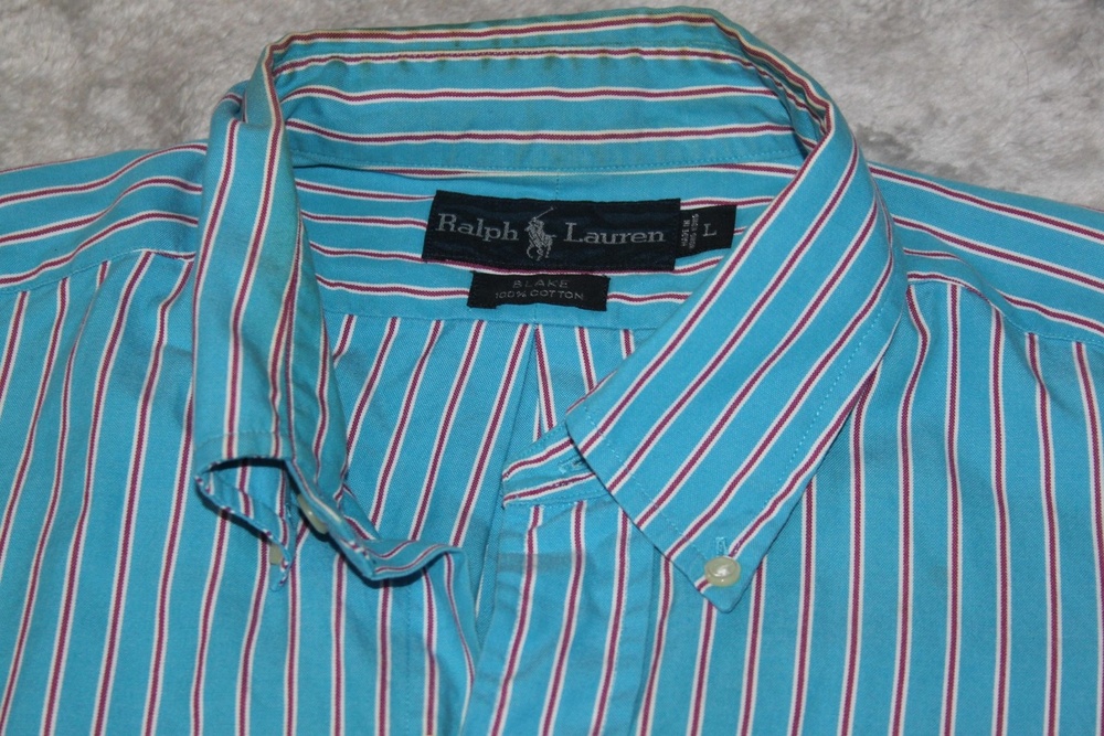 Ralph Lauren Shirt Mens L Blue Striped Button Up Short Sleeve Cotton Embroidered